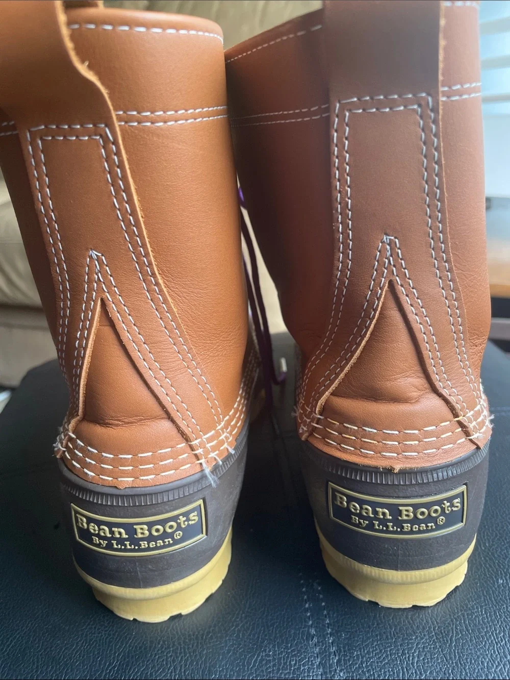 L.L. Bean Chestnut and Dark Brown Bean Boots with Purple Laces